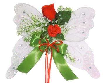 Wanddeko Blumengesteck - silberfarbener Schmetterling mit Rosen Türkranz